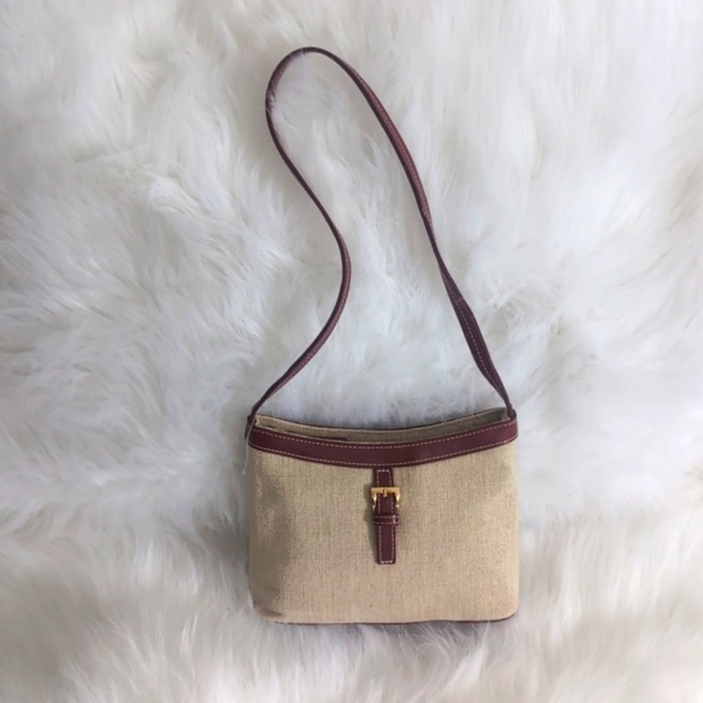 Vintage Linen & Burgundy Leather Mini Shoulder Bag 90s Y2K Designer
